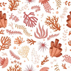 Seamless pattern with marine fauna - corals, jellyfish, sea anemones, seaweed, sea urchin, bubbles, seabed. Vector illustration hand drawn style for fabrics, wallpaper, packaging, print, wrapping 