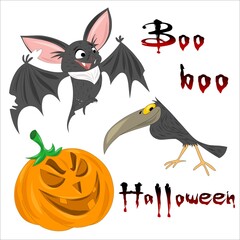 Funny and friendly Halloween characters. Elements of a good autumn holiday. Bat, raven and pumpkin with boo and halloween lettering