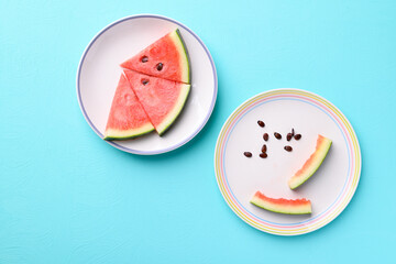 Sliced watermelon fruits with bite and seeds on plate, Tropical fruit, Summer season