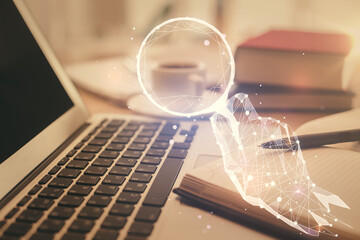 Double exposure of creative drawing and desktop with coffee and items on table background. Concept...