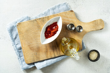 vegetable oil and spices on the kitchen table
