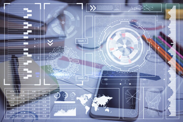 Double exposure of data theme drawing and mobile phone background. Concept of innovation