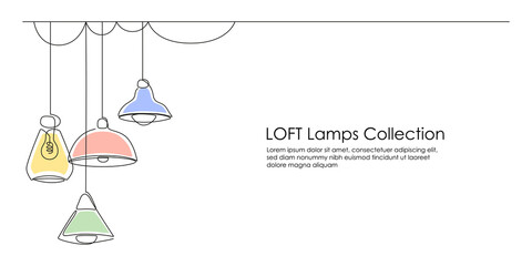 Loft lamps collection and lampshades in one line drawing. Horizontal banner in minimalistic Industrial style. Vector illustration of Hanging modern chandelier and light bulbs