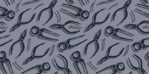 Plier tool. Tongs or pincer for equipment carpentry and repair wood workshop. Seamless pattern