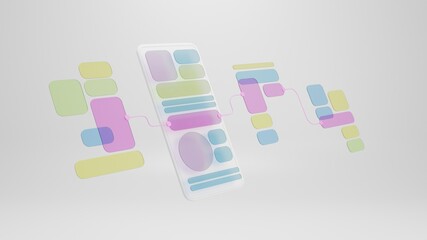 UX UI flowchart connection node graphic designer creative planning application process development data prototype wireframe for web mobile icon phone . User experience concept. 3d rendering. - obrazy, fototapety, plakaty