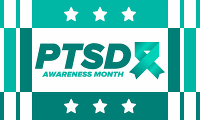 PTSD Awareness Month in June. Post Traumatic Stress Disorder. Celebrated annual in United States. Medical health care and awareness design. Poster, card, banner and background. Vector illustration