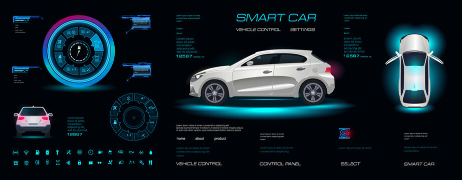 Car interface with device settings. All vehicle parameters on holographic touch screens. Car interface with HUD, GUI, UI