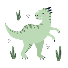 Obraz premium Cute tyrannosaurus dino with leaves. HAnd drawn vector illustration for t shirt, card, poster.