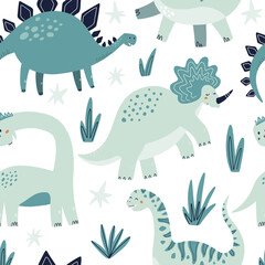 Cute dinosaur seamless pattern. HAnd drawn vector illustration for textile, fabric or wallpaper © MariaNechaeva