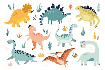 Cute dinosaur set. HAnd drawn vector illustration for modern nursery and textile design