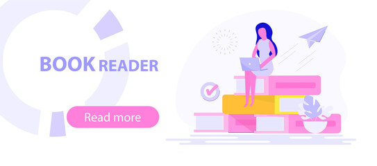 A woman is sitting on a stack of books and using her laptop. E-learning, webinar, online video training, distance learning concept. Vector