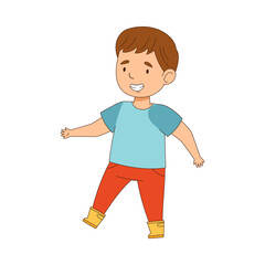 Happy Boy Wearing Rubber Boots Walking Engaged in Spring Season Activity Vector Illustration