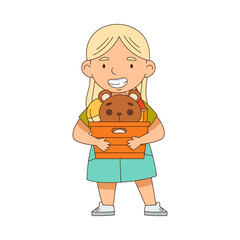 Happy Blond Girl Holding Box with Toys Playing in the Nursery Vector Illustration