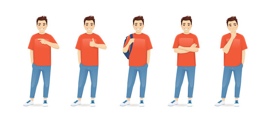 Young man in casual clothes standing with different gestures set isolated vector illustration