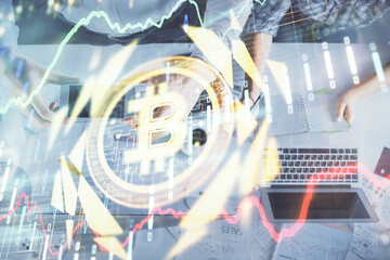 Double exposure of man and woman working together and crypto theme hologram drawing. Computer background. Blockchain concept. Top View.