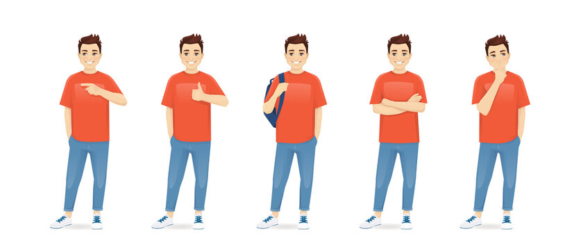 Young man in casual clothes standing with different gestures set isolated vector illustration