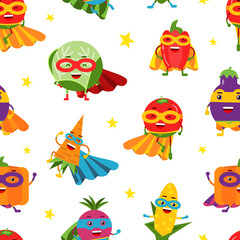 Funny Vegetable Hero in Mask and Cloak Rushing to Rescue Vector Seamless Pattern