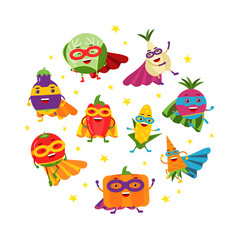 Funny Vegetable Hero in Mask and Cloak Rushing to Rescue Vector Round Composition