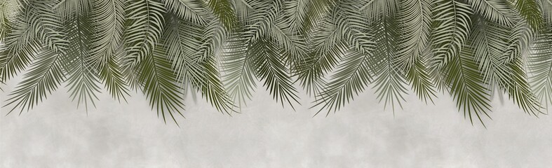 Palm leaves, palm branches, abstract drawing, tropical leaves.Photo wallpapers for walls. Decorative wall. Wallpaper for the room.
