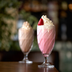 Strawberry cocktail smoothie or milkshake with whipped cream on blurred background. Soft focus. Healthy soft drink. Bright colors of nature.