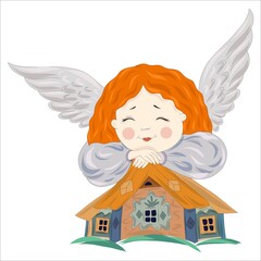 A gentle kind angel protects the house. Caring angel and love and security in the house