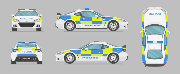 English police sport car. Side view, front view, back view, top view. Cartoon flat illustration, auto for graphic and web