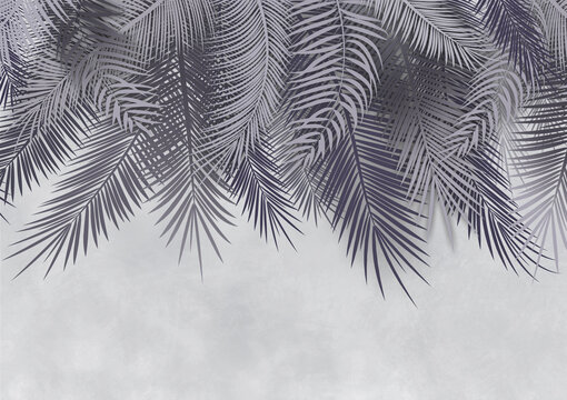 Palm leaves, palm branches, abstract drawing, tropical leaves. Photo wallpapers for walls. Decorative wall. Wallpaper for the room. © antura