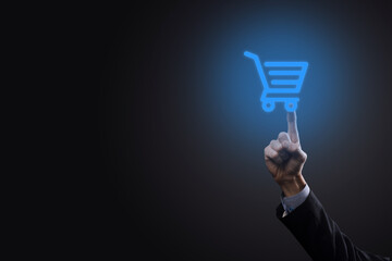 Businessman man holding shopping cart trolley mini cart in business digital payment...