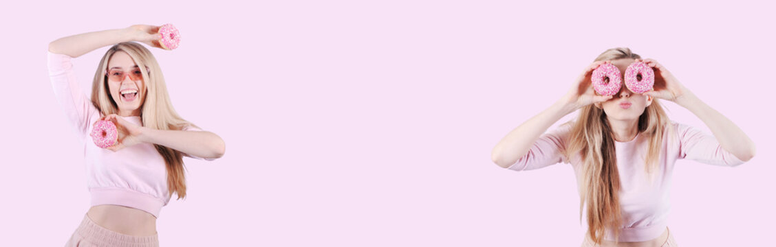 Collage with smiling happy woman holding donuts in her hands, posing on pink background. - Powered by Adobe