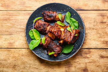 Barbecue beef ribs,wooden table