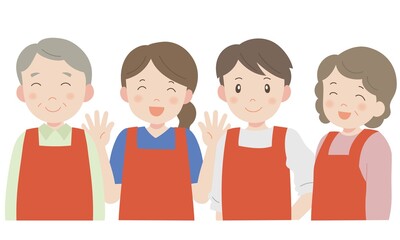 エプロン姿の老若男女スタッフ 