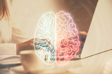Multi exposure of woman hands working on computer and human brain hologram drawing. Ai tech concept.