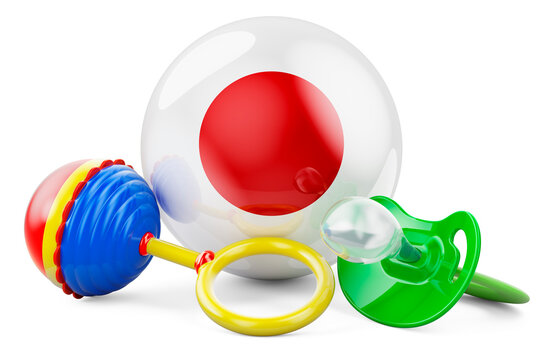 Birth Rate And Parenting In Japan Concept. Baby Pacifier And Baby Rattle With Japanese Flag, 3D Rendering