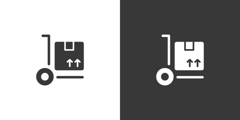 Fototapeta na wymiar Delivery handcart. Shipping cart with box. Isolated icon on black and white background. Commerce glyph vector illustration