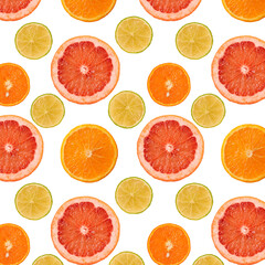 Summer Seamless pattern of juicy Orange grapefruit manadarine tangerine lime Fruit slice isolated on white. Healthy food lifestile.  fruit juice advertising.. Summer rest concept.