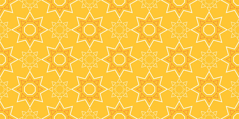 Bright background pattern with abstract geometric ornament on yellow background, wallpaper. Seamless pattern, texture. Vector image