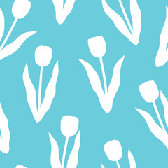Seamless pattern tulips flowers white silhouettes blue background vector illustration