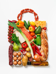 Shopping bag made from different fruits and vegetables. Top view.