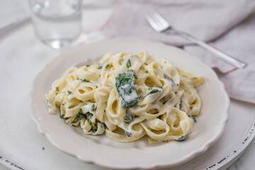 tagliatelle pasta with a creamy wild garlic sauce