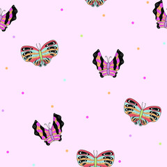 Cute pink pattern with line butterflies. Seamless background. Textiles for children. Minimalism paper scrapbook for kids. 