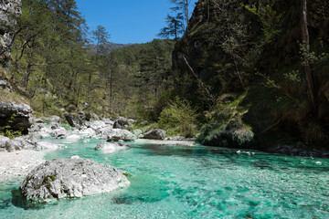 Beautiful mountain creek with emerald waters. This torrent flows between the two villages of Moggessa, Carnic Alps, Moggio Udinese, Udine province, Friuli Venezia Giulia, Italy.