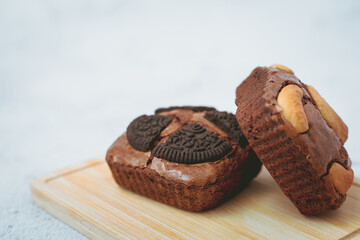 Delicious brownies cake on white background for bakery, food and eating concept