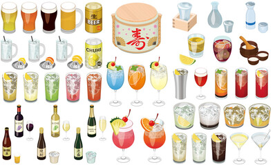 お酒・カクテルの人気メニューアイコン①（ビール、日本酒、ワイン、サワー、ハイボール） - obrazy, fototapety, plakaty