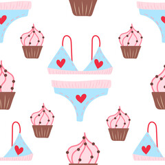 Seamless pattern with cute pink cupcacke and underwear with herts. Cute food illustration for packaging and gifts, holidays