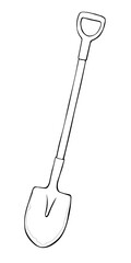 Vector black outline of garden shovel, spade, scoop. Tools for working on the farm, in the dacha, country site in the doodle style. Hand-drawn isolated illustration
