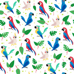 Seamless pattern with exotic birds, parrots and leaves isolated on white background. Vector flat illustration. For packaging design, wrapping paper etc.