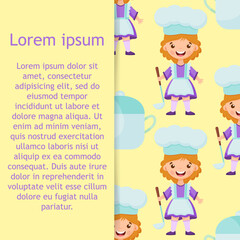 Seamless pattern of cartoon kitchen ware and cute child cook. Vector children background. 
