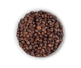 Roasted coffee beans in white bowl on stainless steel top table, isolation on white background, selective focus