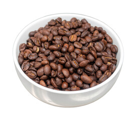 Roasted coffee beans in white bowl on stainless steel top table, isolation on white background, selective focus