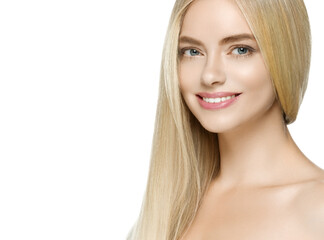 Fototapeta premium Blonde hair woman face beauty healthy skin close up isolated on white